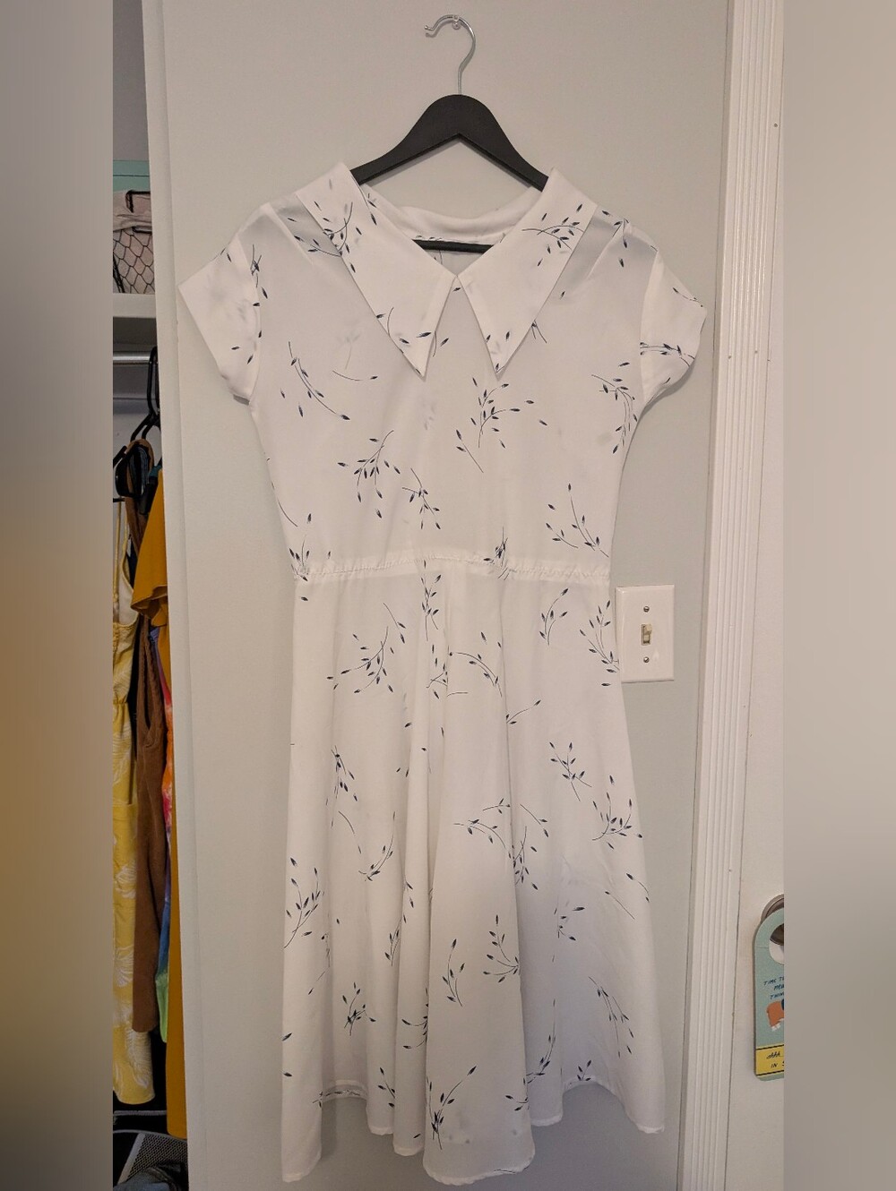 Girls' White Floral Print Dress with Peter Pan Collar